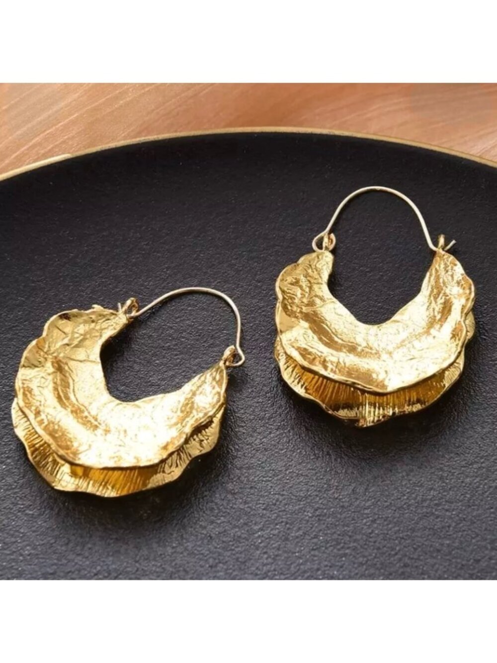 New African Fulani Basket Hoop Earrings 14K Gold Plated Textured Metal Boho